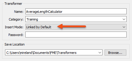 Filling out the dialog to export the custom transformer